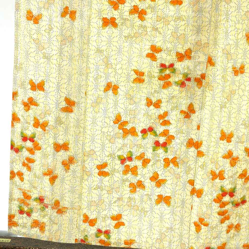 紬 リサイクル着物 身丈159cm 裄65cm 前幅24cm 後幅30.5cm 袖丈49cm 袖幅32.5cm レディース 単衣 蝶柄 裄Mサイズ 初夏・初秋用 正絹（シルク）イエロー 未使用品 リメイク リユース【ランクS】