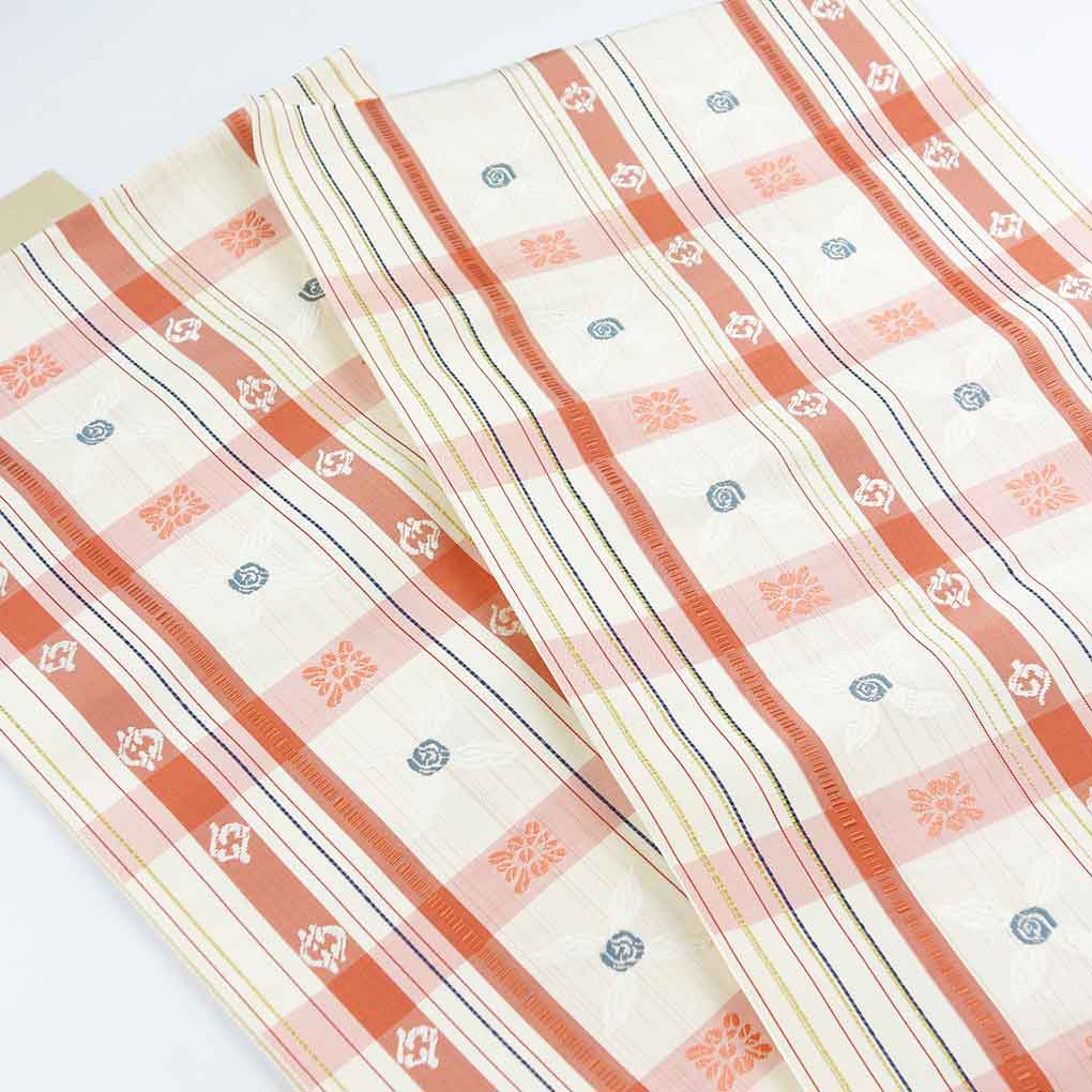名古屋帯 リサイクル帯 幅30cm 長さ375cm レディース 格子 秋冬春用 正絹（シルク）ホワイト 美品 リメイク リユース【ランクA】
