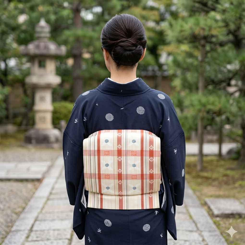 名古屋帯 リサイクル帯 幅30cm 長さ375cm レディース 格子 秋冬春用 正絹（シルク）ホワイト 美品 リメイク リユース【ランクA】