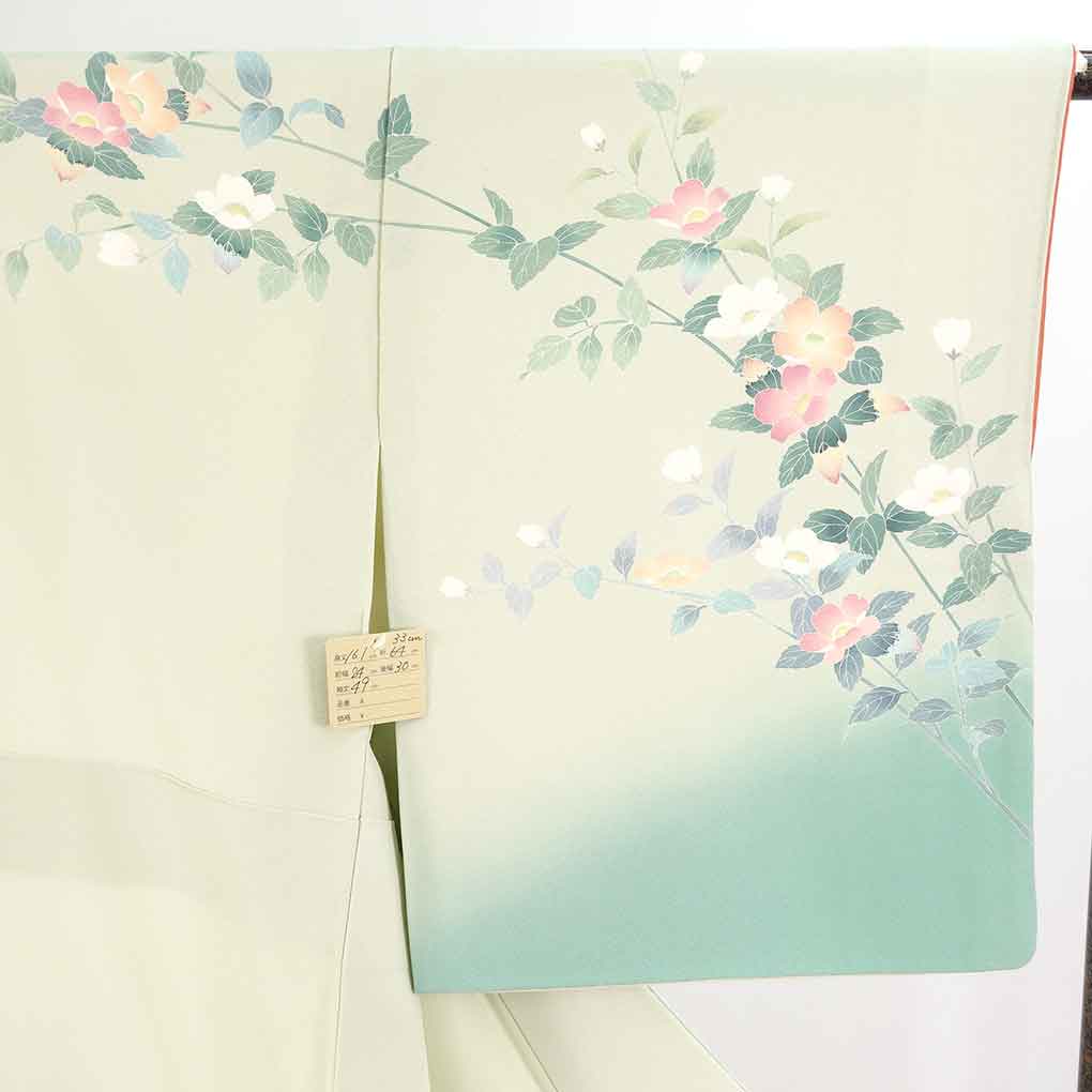 訪問着 リサイクル着物 身丈161cm 裄64cm 前幅24cm 後幅30cm 袖丈49cm 袖幅33cm レディース 袷 花柄 裄Mサイズ 秋冬春用 正絹（シルク）グリーン やや難 峰山和生 リメイク リユース【ランクB】