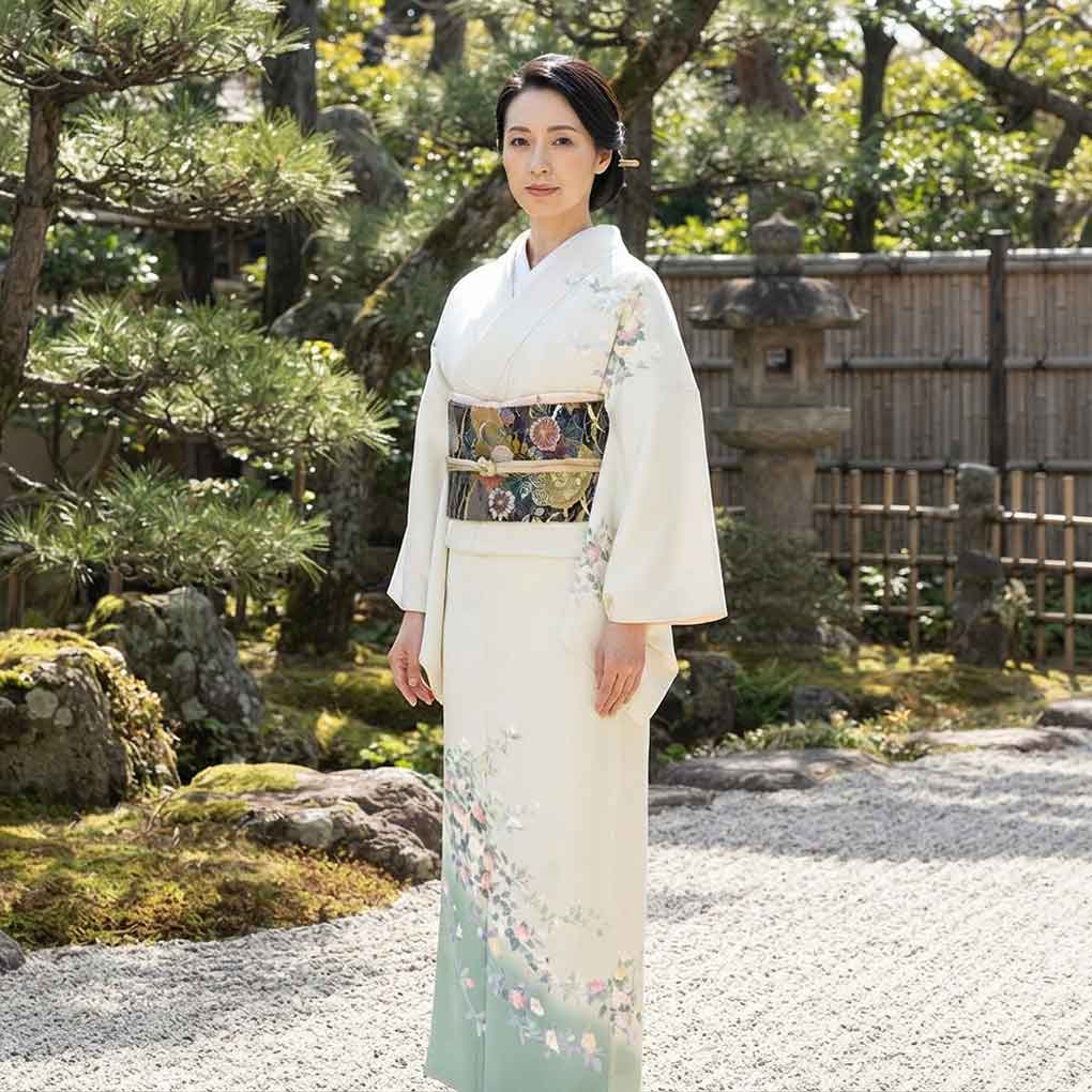 訪問着 リサイクル着物 身丈161cm 裄64cm 前幅24cm 後幅30cm 袖丈49cm 袖幅33cm レディース 袷 花柄 裄Mサイズ 秋冬春用 正絹（シルク）グリーン やや難 峰山和生 リメイク リユース【ランクB】