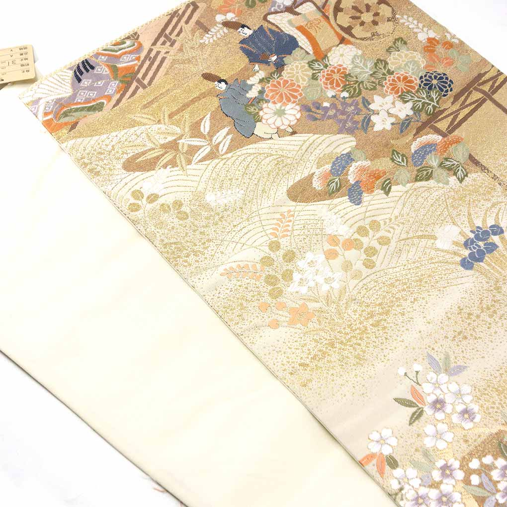 袋帯 リサイクル帯 幅31cm 長さ420cm レディース 宮中柄 秋冬春用 正絹(シルク)ゴールド 美品 リメイク リユース【ランクA】