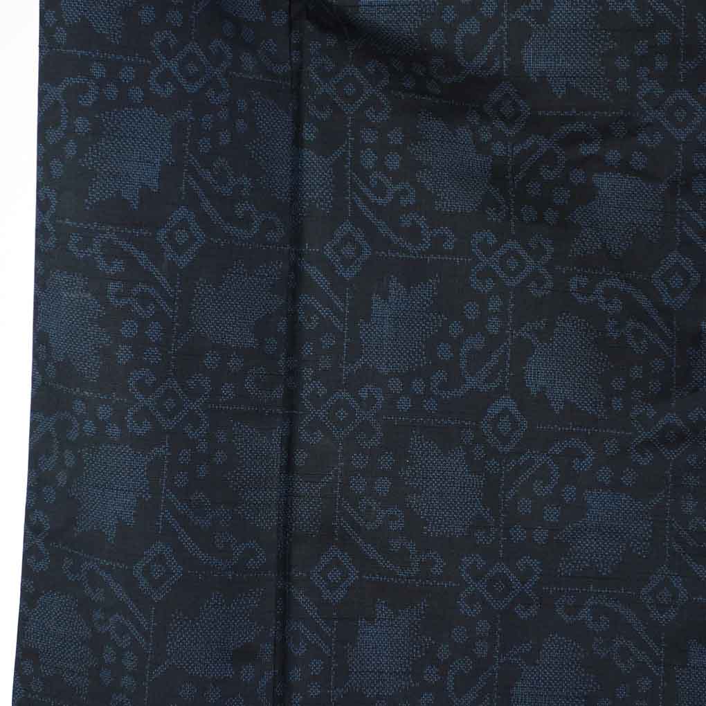 紬 リサイクル着物 身丈159cm 裄63cm 前幅25cm 後幅30cm 袖丈49cm 袖幅32.5cm レディース 袷 連続模様 裄Mサイズ 秋冬春用 正絹（シルク）ネイビー やや難 大島紬 リメイク リユース【ランクB】