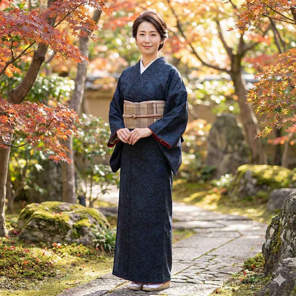 紬 リサイクル着物 身丈159cm 裄63cm 前幅25cm 後幅30cm 袖丈49cm 袖幅32.5cm レディース 袷 連続模様 裄Mサイズ 秋冬春用 正絹（シルク）ネイビー やや難 大島紬 リメイク リユース【ランクB】