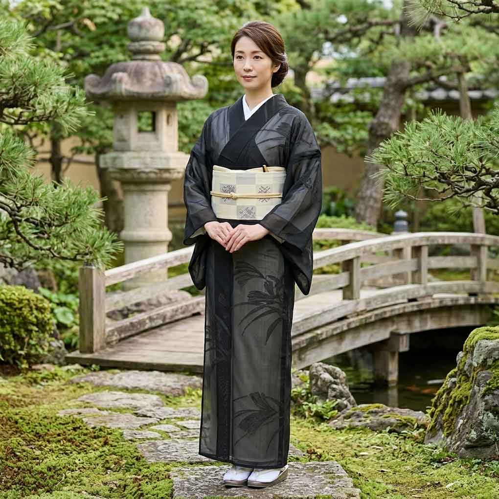 夏着物　紋紗　身丈156cm裄丈65cm(未使用）ブラック黒 紋紗着物 リサイクル着物 身丈150cm 裄65cm 前幅23.5cm 後幅30cm 袖丈