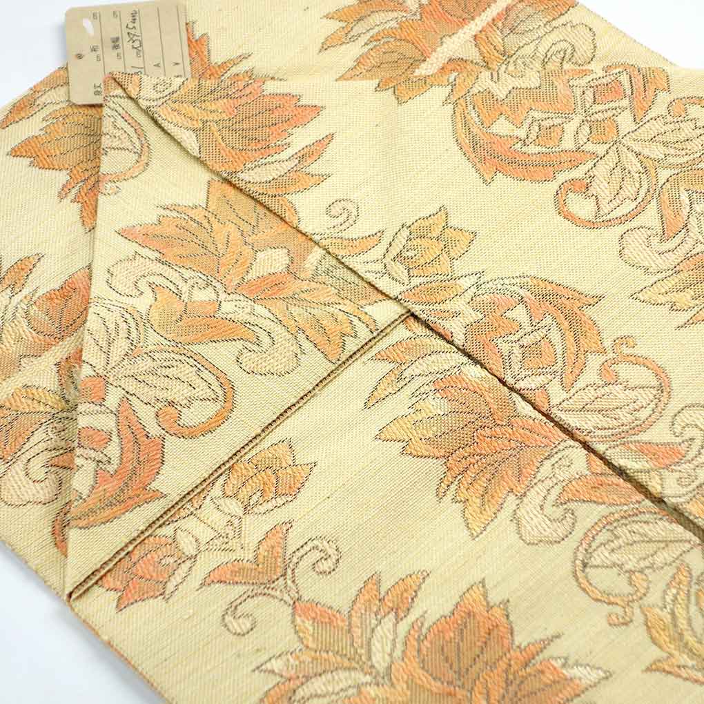 名古屋帯 リサイクル帯 幅31cm 長さ345cm レディース 花柄 秋冬春用 正絹（シルク）イエロー 美品 リメイク リユース【ランクA】