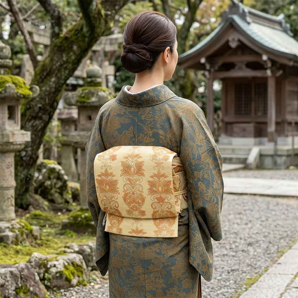 名古屋帯 リサイクル帯 幅31cm 長さ345cm レディース 花柄 秋冬春用 正絹（シルク）イエロー 美品 リメイク リユース【ランクA】