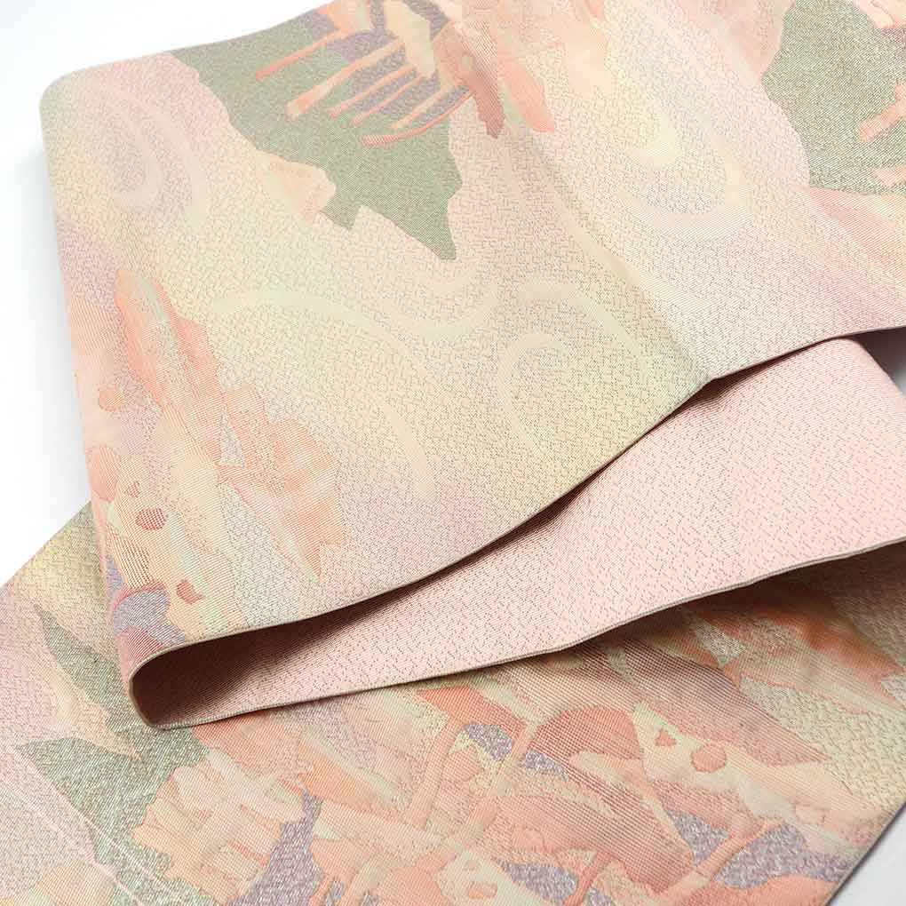 名古屋帯 リサイクル帯 幅31cm 長さ354cm レディース 木立 秋冬春用 正絹（シルク）ピンク 美品 リメイク リユース【ランクA】