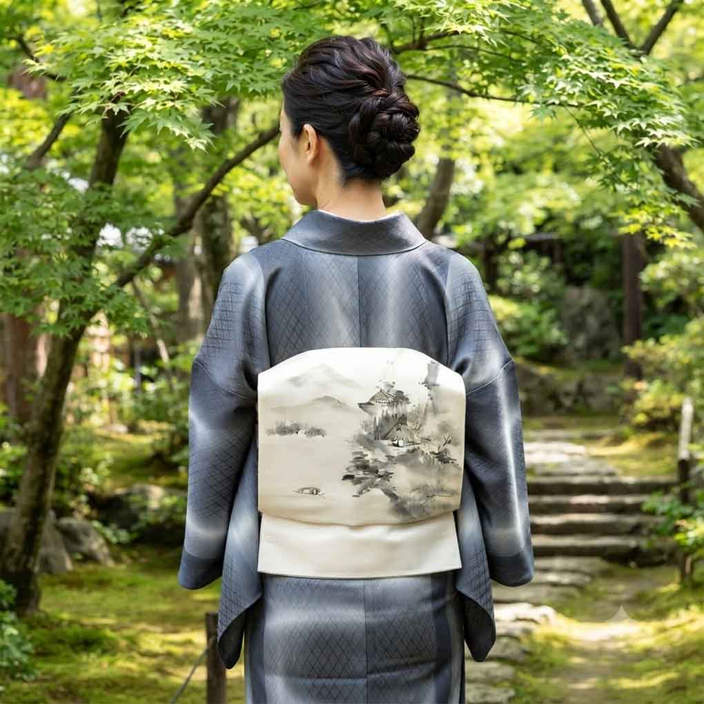 名古屋帯 リサイクル帯 幅31cm 長さ370cm レディース 風景画 秋冬春用 正絹(シルク)ホワイト 未使用品 塩瀬 リメイク リユース【ランクS】