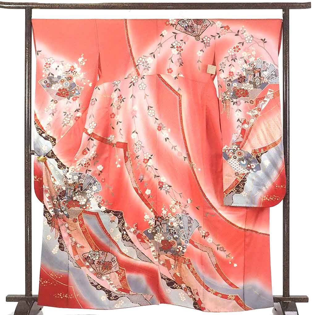 振袖 リサイクル 身丈165cm 裄68cm 前幅25cm 後幅30cm 袖丈105cm 袖幅35cm レディース 袷 扇面 裄長 裄Lサイズ 秋冬春用 正絹(シルク)ピンク トールサイズ やや難 リメイク リユース【ランクB】