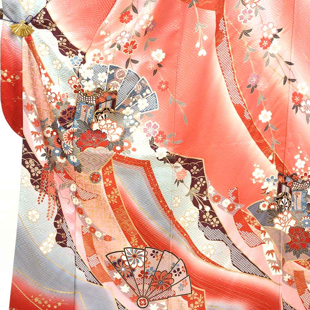 振袖 リサイクル 身丈165cm 裄68cm 前幅25cm 後幅30cm 袖丈105cm 袖幅35cm レディース 袷 扇面 裄長 裄Lサイズ 秋冬春用 正絹(シルク)ピンク トールサイズ やや難 リメイク リユース【ランクB】