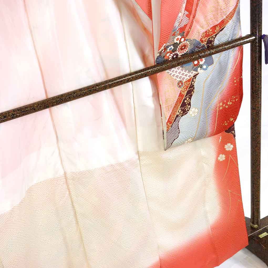振袖 リサイクル 身丈165cm 裄68cm 前幅25cm 後幅30cm 袖丈105cm 袖幅35cm レディース 袷 扇面 裄長 裄Lサイズ 秋冬春用 正絹(シルク)ピンク トールサイズ やや難 リメイク リユース【ランクB】