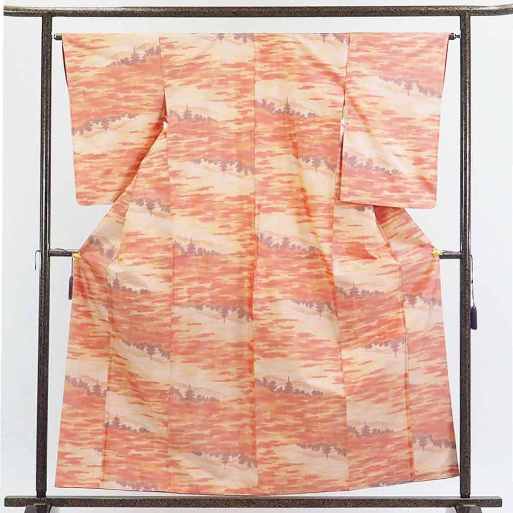 【在庫処分】リサイクル着物 紬正絹オレンジ地袷紬着物未使用品レディース【裄Mサイズ】【ランクS】