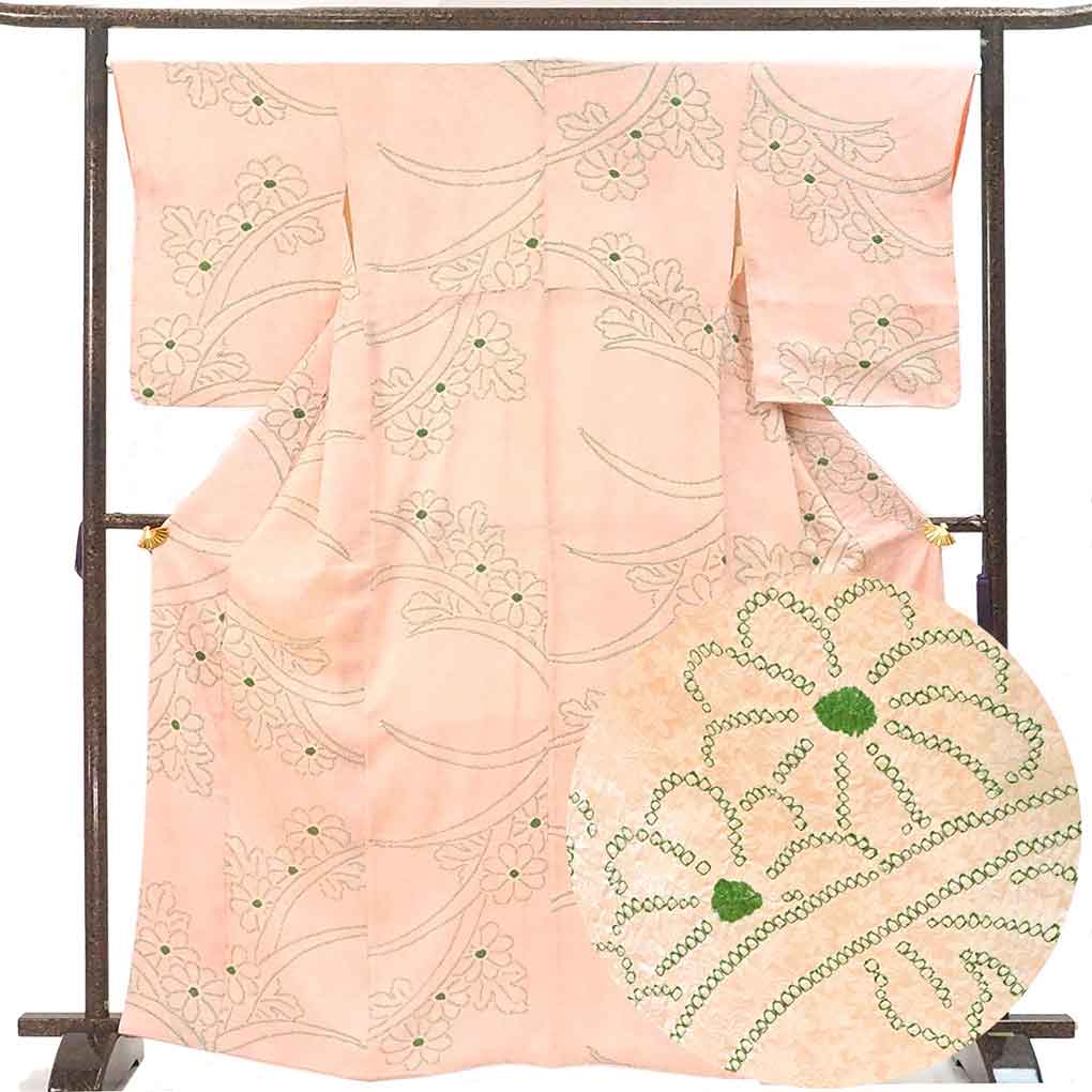 小紋 リサイクル着物 身丈168cm 裄67cm 前幅24cm 後幅30cm 袖丈57cm 袖幅34cm レディース 袷 鹿の子 裄長 裄Lサイズ 秋冬春用 正絹(シルク)ピンク トールサイズ 未使用品 リメイク リユース【ランクS】