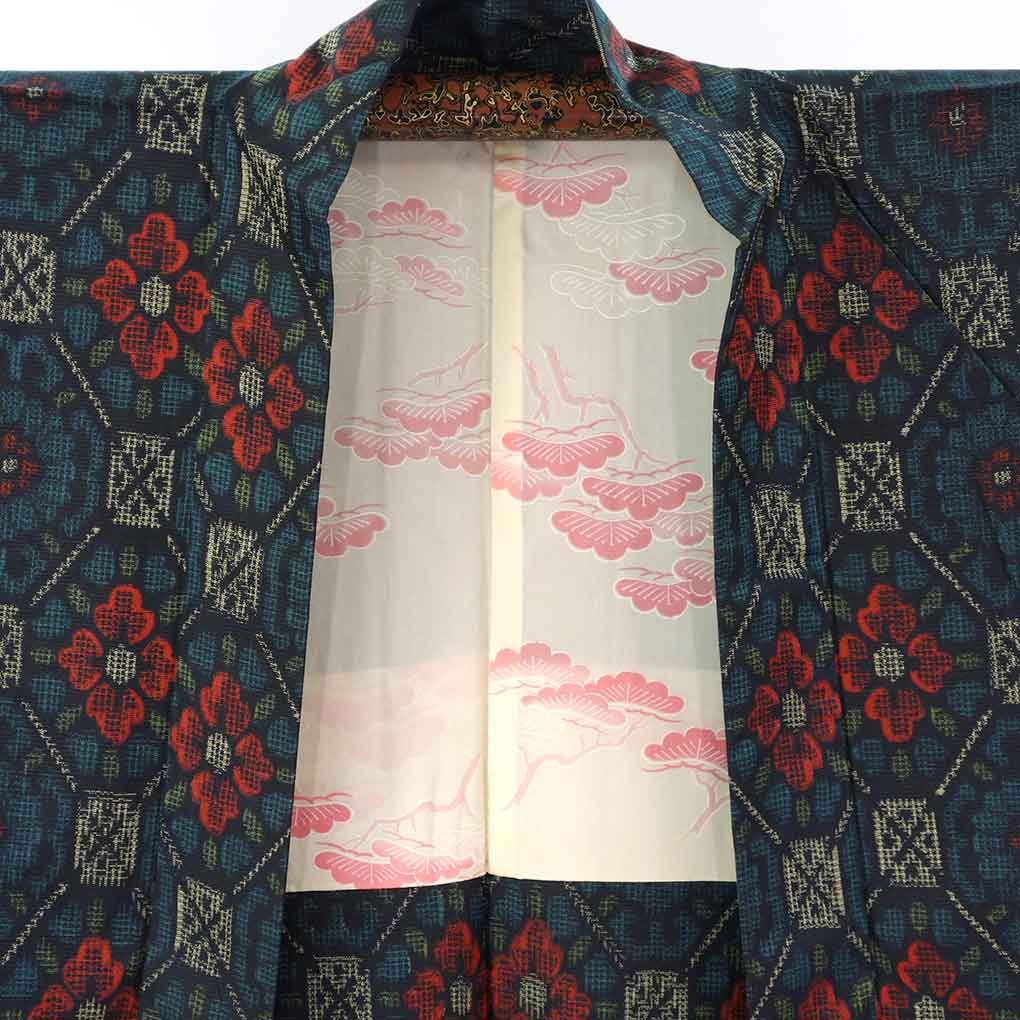 紬アンサンブル リサイクル着物 羽織(コート）丈79cm 身丈158cm 裄64cm 前幅24cm 後幅29.5cm 袖丈49cm 袖幅32cm レディース 袷 花柄 裄Mサイズ 秋冬春用 正絹（シルク）ブラック 美品 リメイク リユース【ランクA】