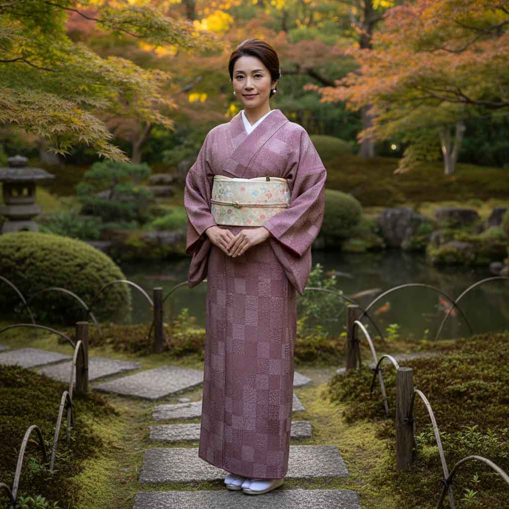 小紋 リサイクル着物 身丈154cm 裄63cm 前幅24cm 後幅29cm 袖丈48cm 袖幅33cm レディース 袷 江戸小紋 裄Mサイズ 秋冬春用 正絹（シルク）パープル 美品 リメイク リユース【ランクA】
