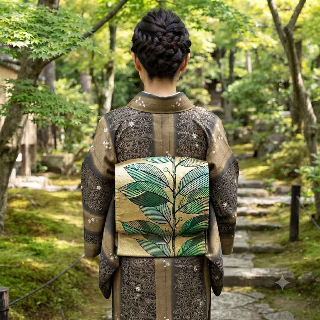 名古屋帯 リサイクル帯 幅30cm 長さ358cm レディース 植物 秋冬春用 正絹（シルク）グリーン 美品 リメイク リユース【ランクA】