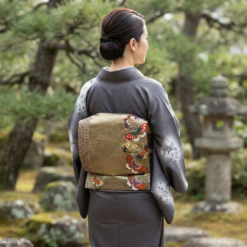 袋帯 リサイクル帯 幅31cm 長さ431cm レディース 蝶柄 秋冬春用 正絹(シルク)ゴールド 美品 リメイク リユース【ランクA】