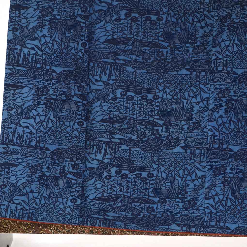 リサイクル着物 小紋 紺地 藍型調 紬生地 袷 正絹 着物