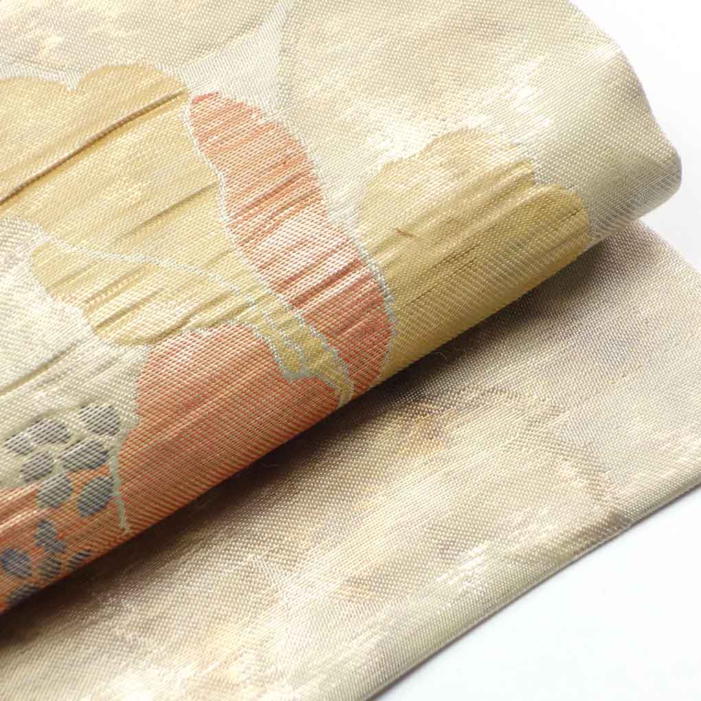 名古屋帯 リサイクル帯 幅30cm 長さ350cm レディース 花柄 秋冬春用 正絹（シルク）ゴールド 美品 リメイク リユース【ランクA】