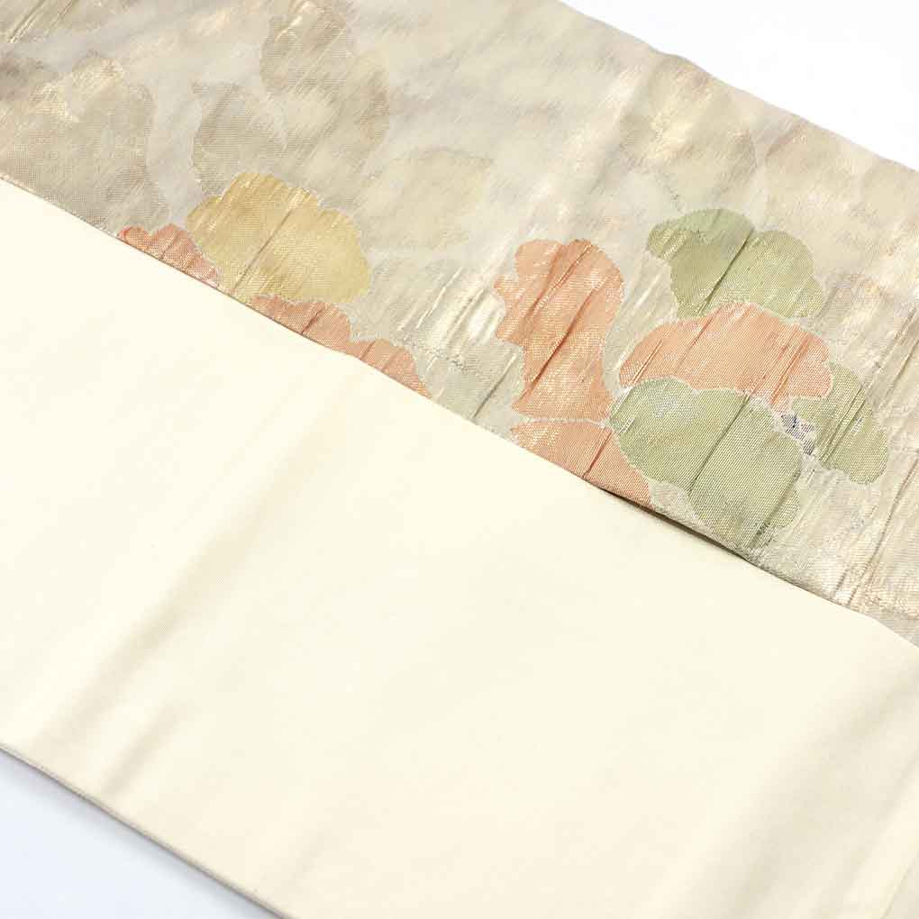 名古屋帯 リサイクル帯 幅30cm 長さ350cm レディース 花柄 秋冬春用 正絹（シルク）ゴールド 美品 リメイク リユース【ランクA】