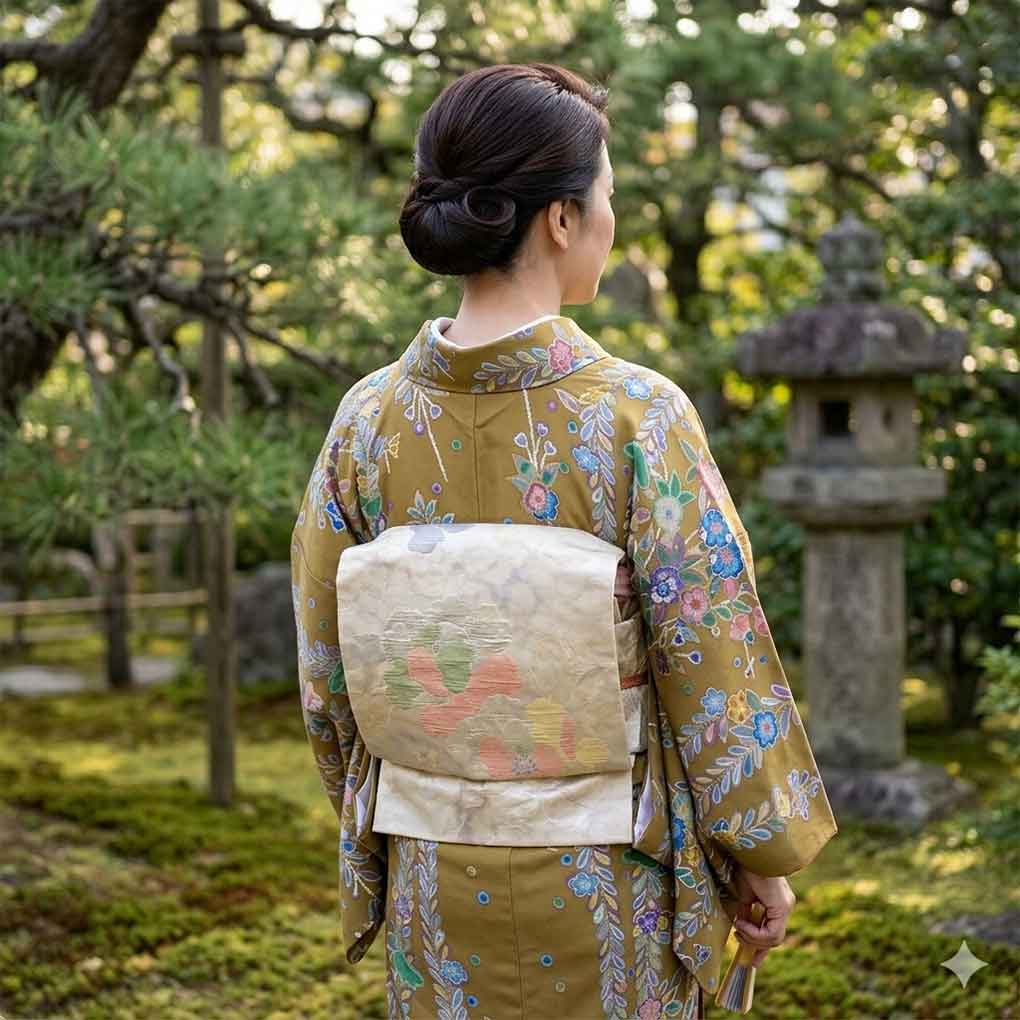 名古屋帯 リサイクル帯 幅30cm 長さ350cm レディース 花柄 秋冬春用 正絹（シルク）ゴールド 美品 リメイク リユース【ランクA】