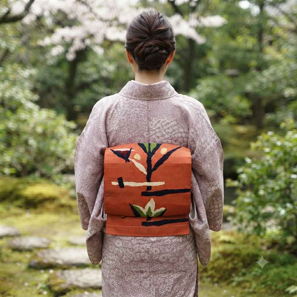 名古屋帯 リサイクル帯 幅29cm 長さ334cm レディース 花柄 秋冬春用 正絹(シルク)オレンジ やや難 リメイク リユース【ランクB】