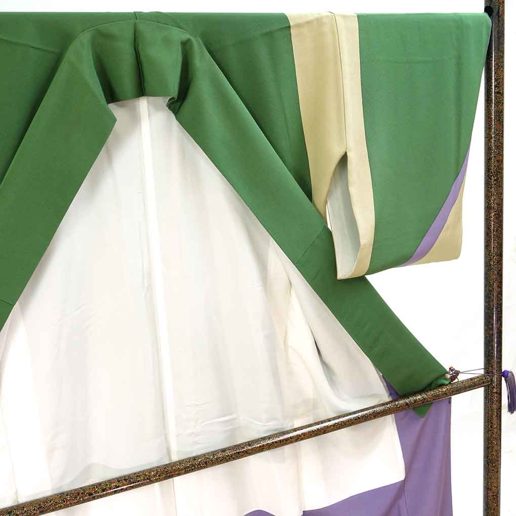 訪問着 リサイクル着物 身丈155cm 裄68cm 前幅25.5cm 後幅30cm 袖丈48cm 袖幅34cm レディース 袷 抽象柄 裄長 裄Lサイズ 秋冬春用 正絹(シルク)グリーン やや難 リメイク リユース【ランクB】