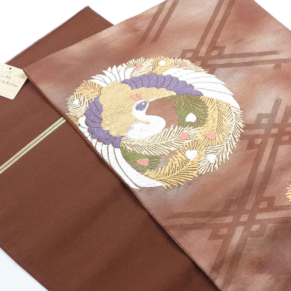 袋帯 リサイクル帯 幅31cm 長さ420cm レディース 鶴 秋冬春用 正絹（シルク）ブラウン 美品 リメイク リユース【ランクA】