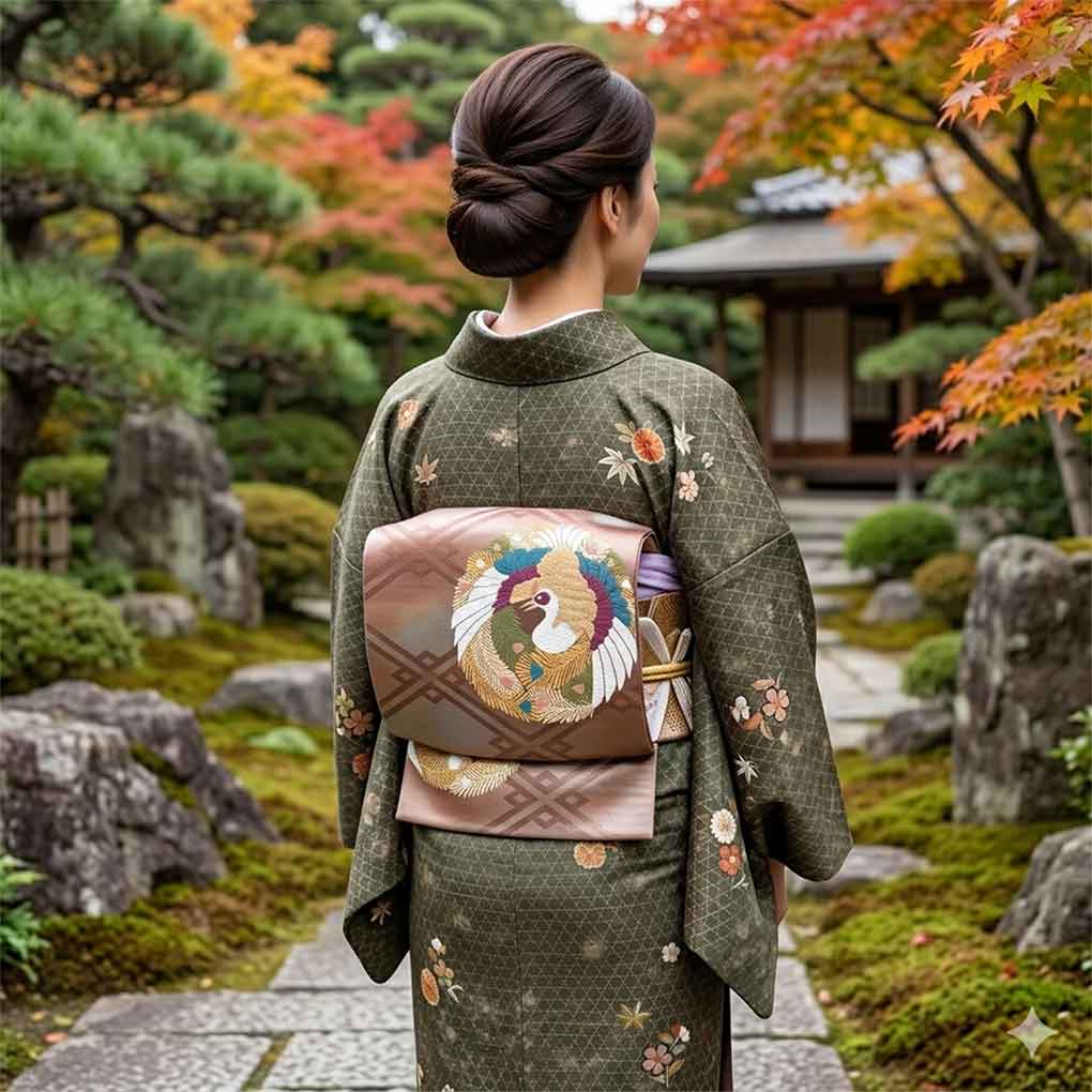 袋帯 リサイクル帯 幅31cm 長さ420cm レディース 鶴 秋冬春用 正絹（シルク）ブラウン 美品 リメイク リユース【ランクA】