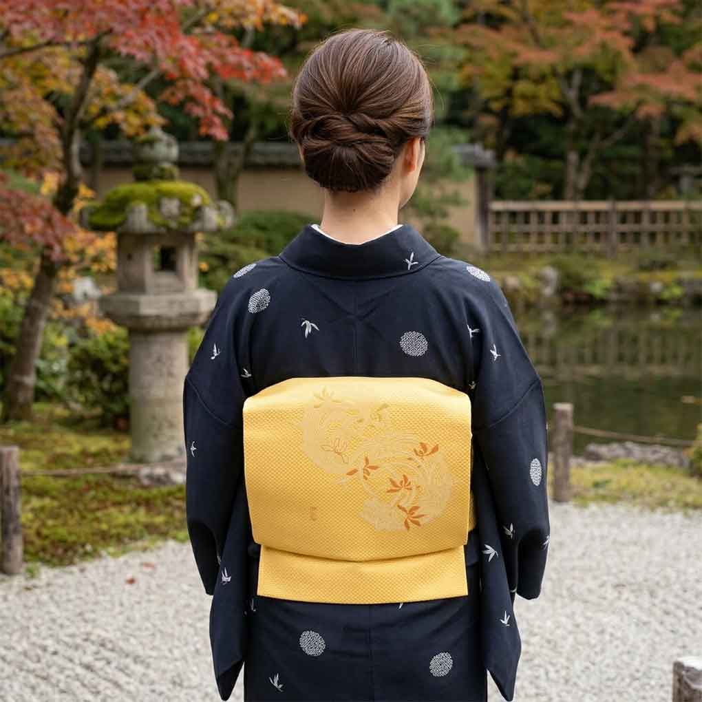 名古屋帯 リサイクル帯 幅30.5cm 長さ363cm レディース 花柄 秋冬春用 正絹（シルク）イエロー 美品 リメイク リユース【ランクA】