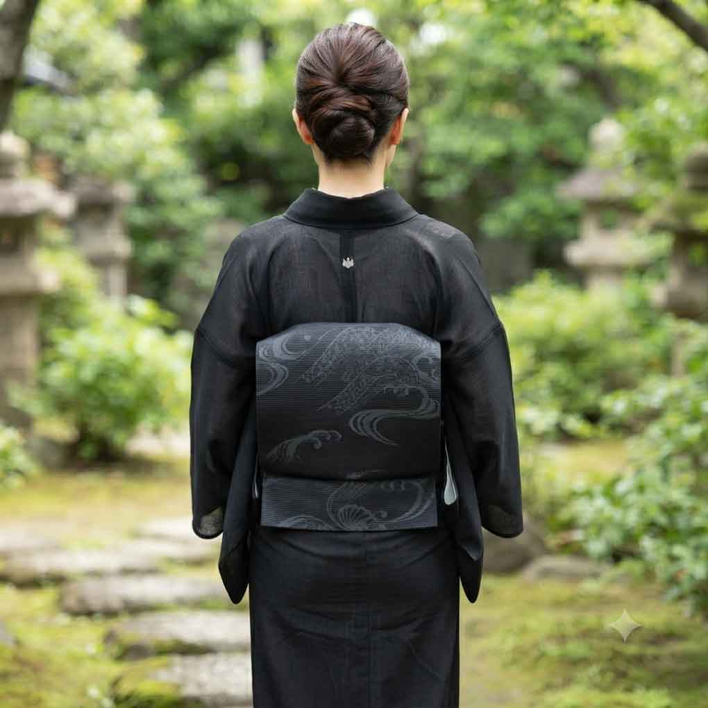 名古屋帯 リサイクル帯 幅32cm 長さ360cm レディース 波頭 夏用 正絹(シルク)ブラック 未使用品 リメイク リユース【ランクS】