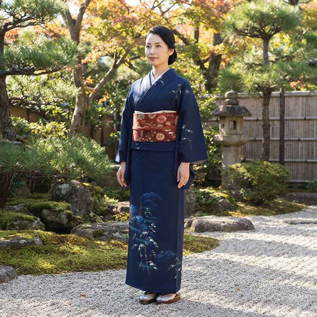 訪問着 リサイクル着物 身丈159cm 裄64cm 前幅23cm 後幅28.5cm 袖丈49cm 袖幅32cm レディース 袷 三重塔 裄Mサイズ 秋冬春用 正絹(シルク)ネイビー 美品 リメイク リユース【ランクA】