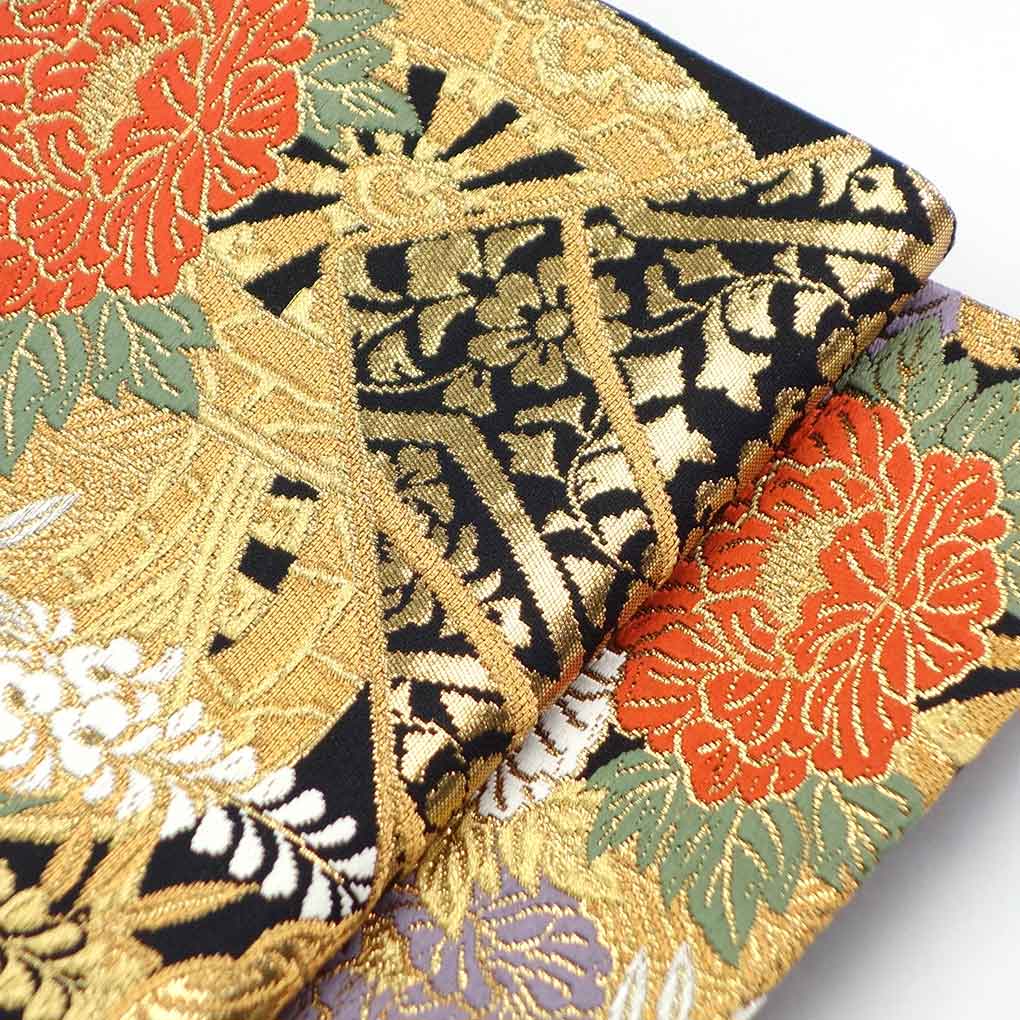 袋帯 リサイクル帯 幅30cm 長さ434cm レディース 花柄 秋冬春用 正絹(シルク)ゴールド 美品 リメイク リユース【ランクA】