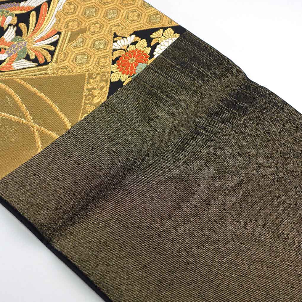 袋帯 リサイクル帯 幅30cm 長さ434cm レディース 花柄 秋冬春用 正絹(シルク)ゴールド 美品 リメイク リユース【ランクA】