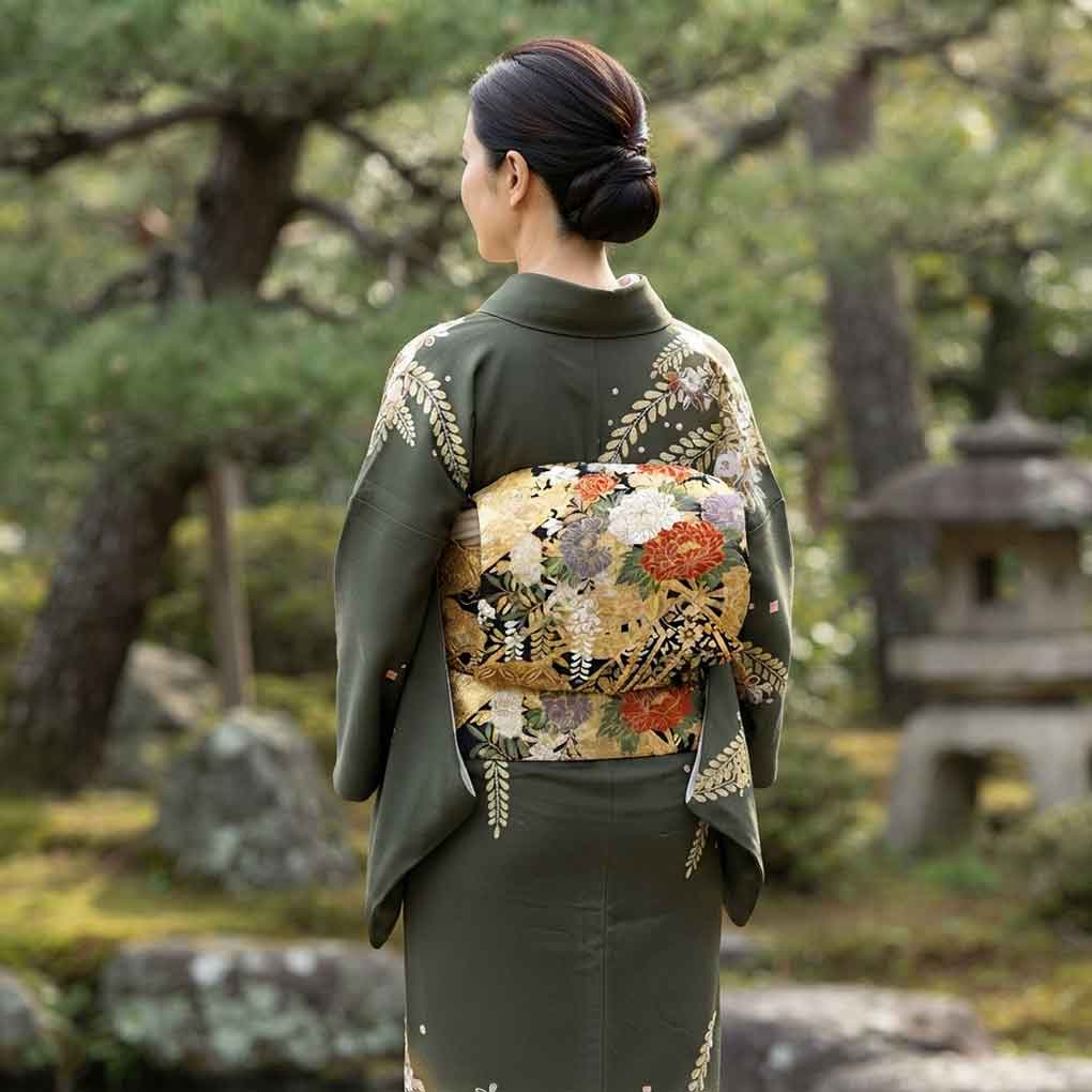 袋帯 リサイクル帯 幅30cm 長さ434cm レディース 花柄 秋冬春用 正絹(シルク)ゴールド 美品 リメイク リユース【ランクA】