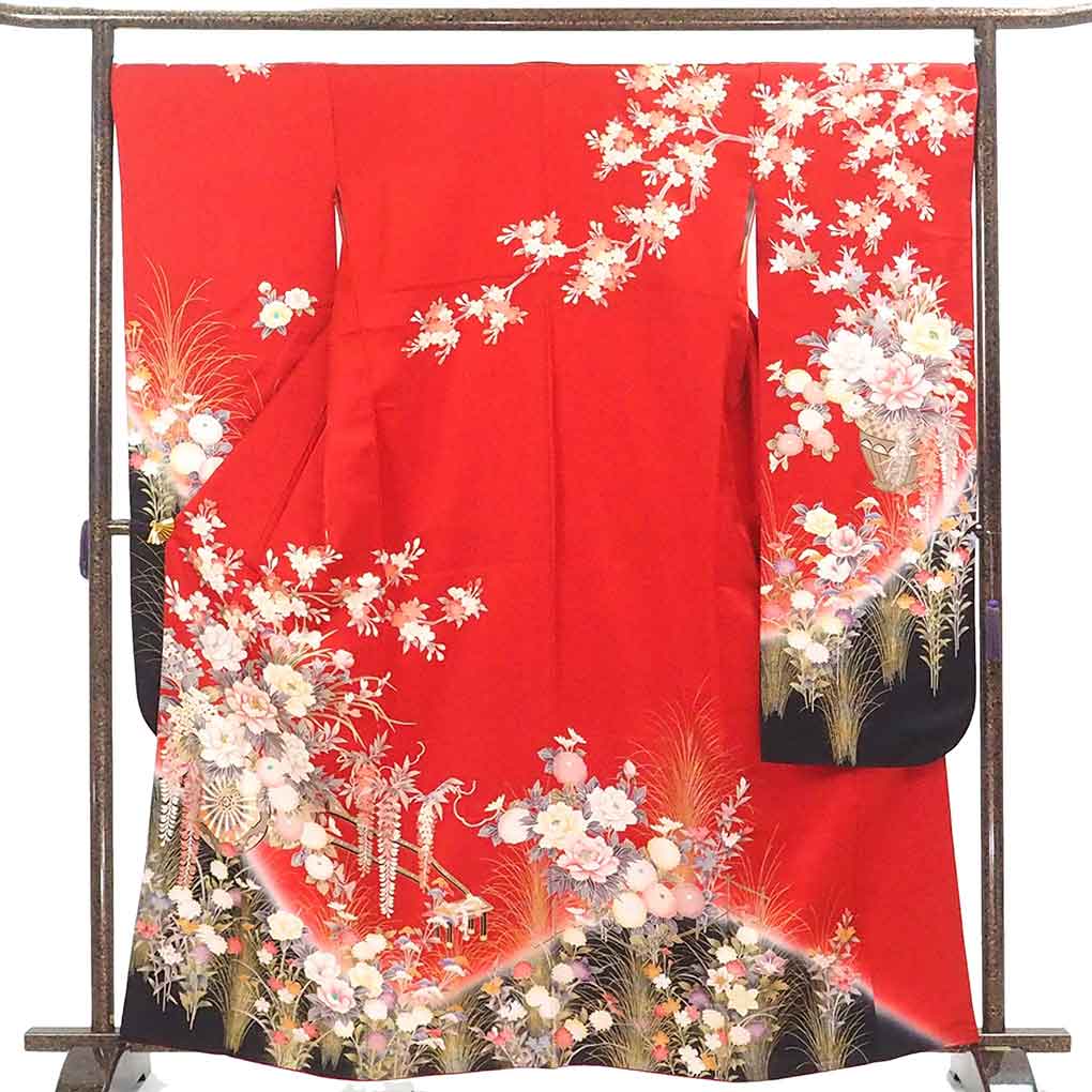 振袖 リサイクル着物 身丈164cm 裄69cm 前幅24cm 後幅30cm 袖丈111cm 袖幅35cm レディース 袷 花車 裄長 裄L-LLサイズ 秋冬春用 正絹（シルク）レッド トールサイズ 美品 リメイク リユース【ランクA】