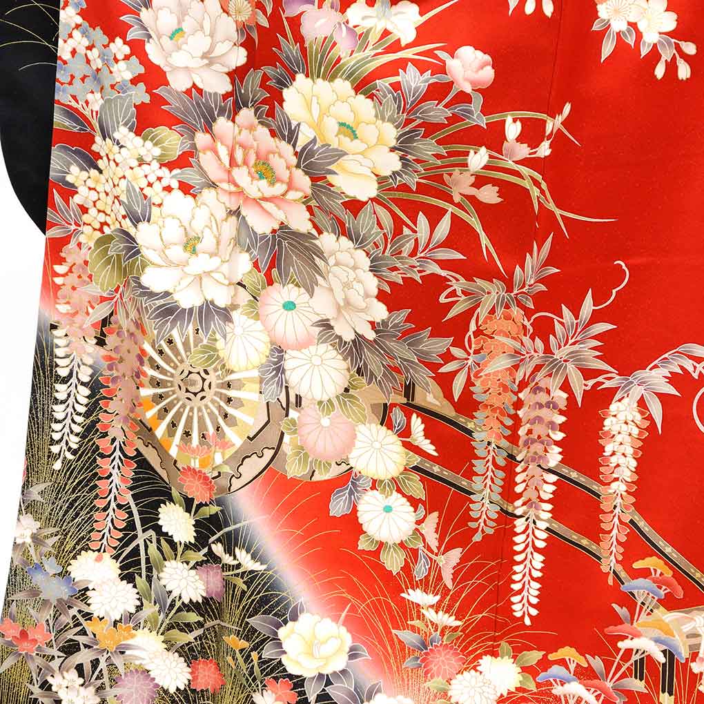 振袖 リサイクル着物 身丈164cm 裄69cm 前幅24cm 後幅30cm 袖丈111cm 袖幅35cm レディース 袷 花車 裄長 裄L-LLサイズ 秋冬春用 正絹（シルク）レッド トールサイズ 美品 リメイク リユース【ランクA】