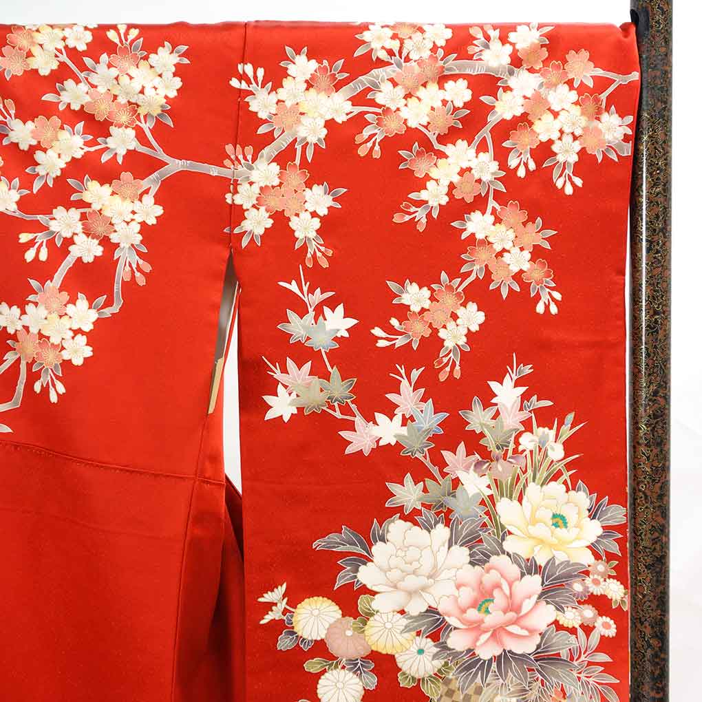 振袖 リサイクル着物 身丈164cm 裄69cm 前幅24cm 後幅30cm 袖丈111cm 袖幅35cm レディース 袷 花車 裄長 裄L-LLサイズ 秋冬春用 正絹（シルク）レッド トールサイズ 美品 リメイク リユース【ランクA】
