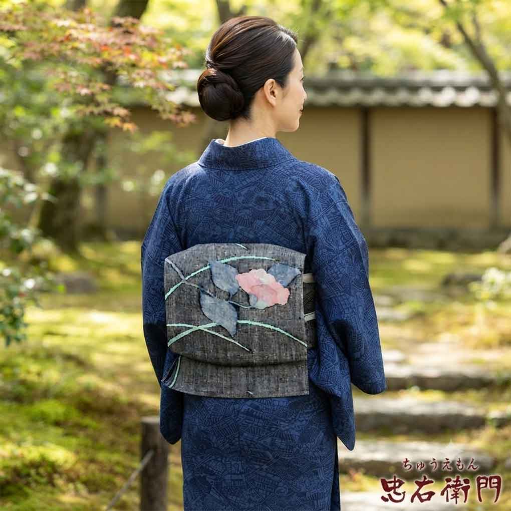 名古屋帯 リサイクル帯 幅30cm 長さ365cm レディース 花柄 秋冬春用 正絹(シルク)グレー 美品 リメイク リユース【ランクA】