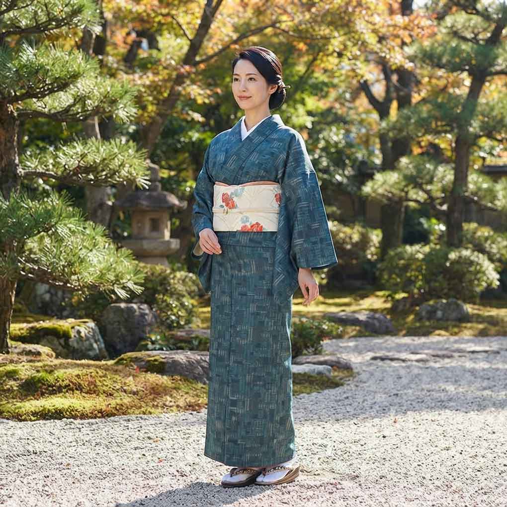紬 リサイクル着物 身丈160cm 裄64cm 前幅26cm 後幅31cm 袖丈49cm 袖幅33cm レディース 袷 連続模様 裄Mサイズ 秋冬春用 正絹(シルク)ブルー 未使用品 リメイク リユース【ランクS】