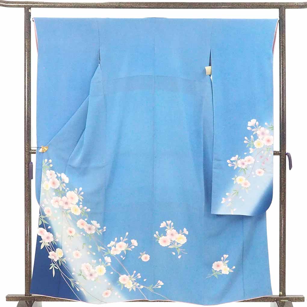 振袖 リサイクル着物 身丈162cm 裄66cm 前幅23.5cm 後幅28cm 袖丈110cm 袖幅34.5cm レディース 袷 花柄 裄長 裄M-Lサイズ 秋冬春用 正絹（シルク）ブルー やや難 リメイク リユース【ランクB】