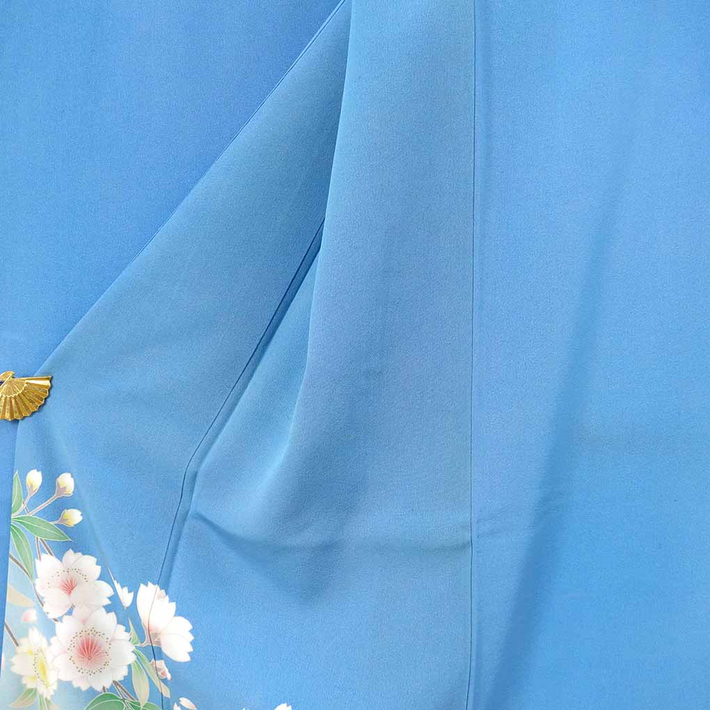 振袖 リサイクル着物 身丈162cm 裄66cm 前幅23.5cm 後幅28cm 袖丈110cm 袖幅34.5cm レディース 袷 花柄 裄長 裄M-Lサイズ 秋冬春用 正絹（シルク）ブルー やや難 リメイク リユース【ランクB】