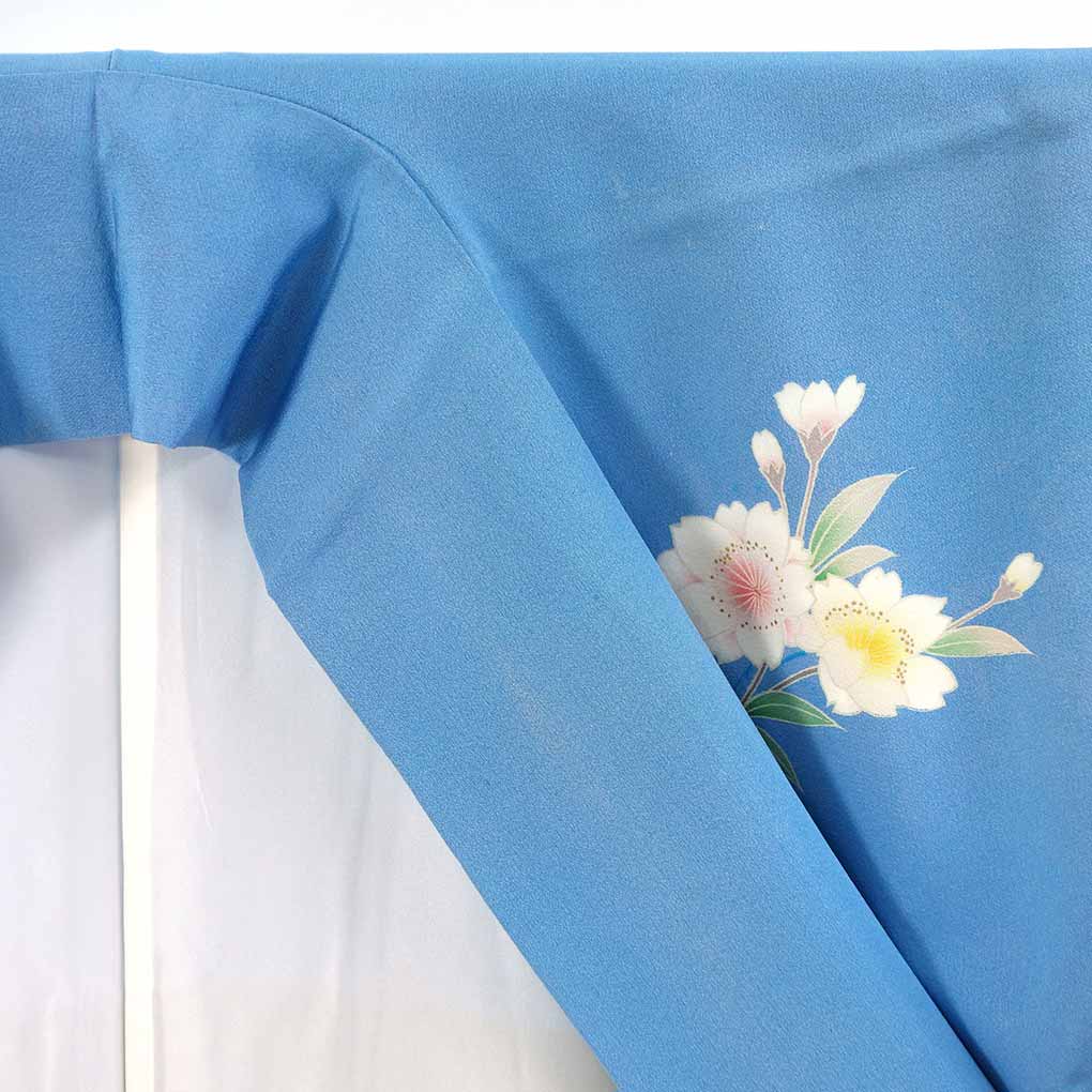 振袖 リサイクル着物 身丈162cm 裄66cm 前幅23.5cm 後幅28cm 袖丈110cm 袖幅34.5cm レディース 袷 花柄 裄長 裄M-Lサイズ 秋冬春用 正絹（シルク）ブルー やや難 リメイク リユース【ランクB】