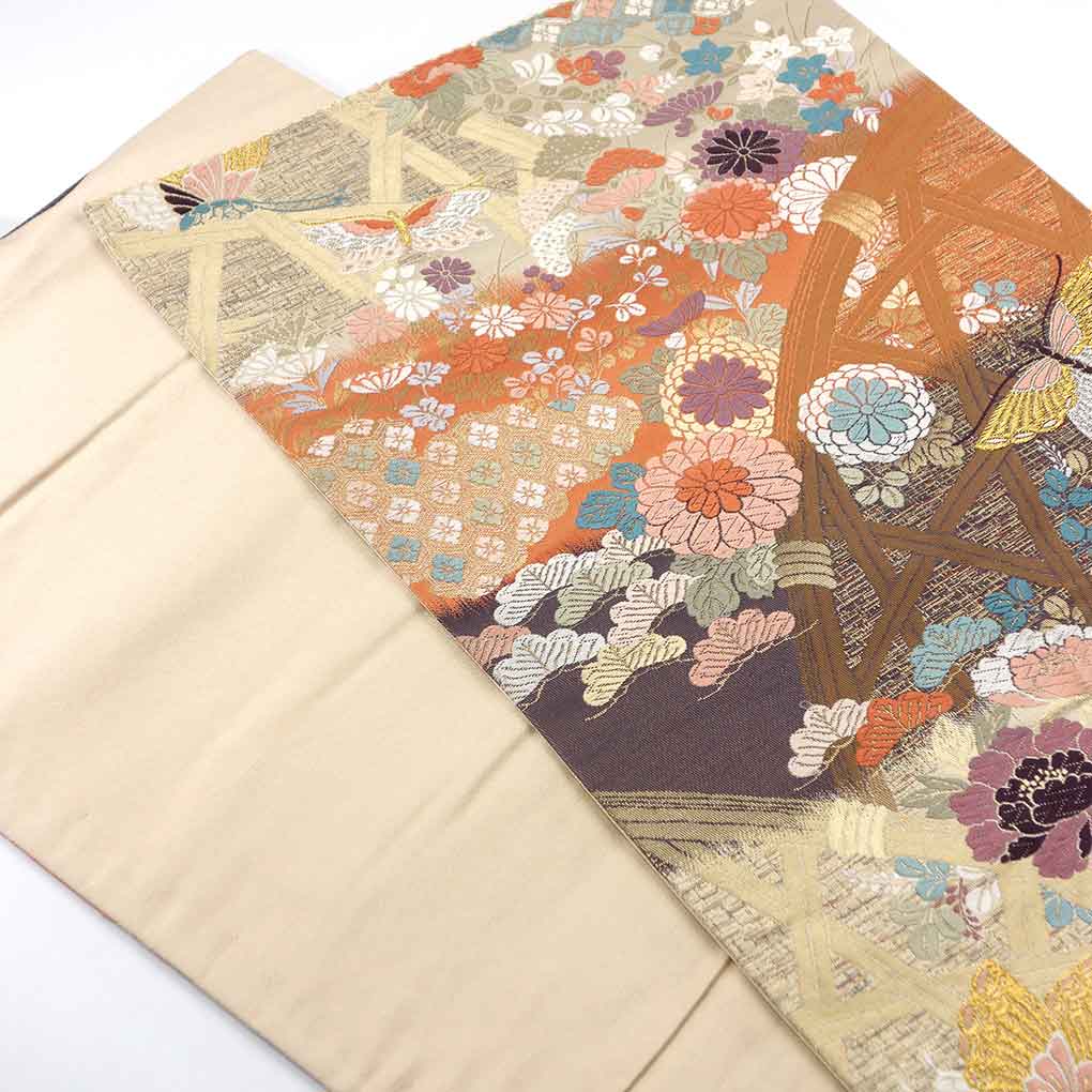 袋帯 リサイクル帯 幅30.5cm 長さ422cm レディース 花柄 秋冬春用 正絹(シルク)ブラウン 美品 リメイク リユース【ランクA】