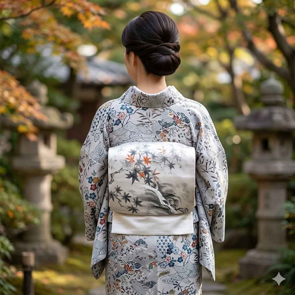 名古屋帯 リサイクル帯 幅30cm 長さ356cm レディース 紅葉 秋冬春用 正絹(シルク)シルバー 美品 リメイク リユース【ランクA】