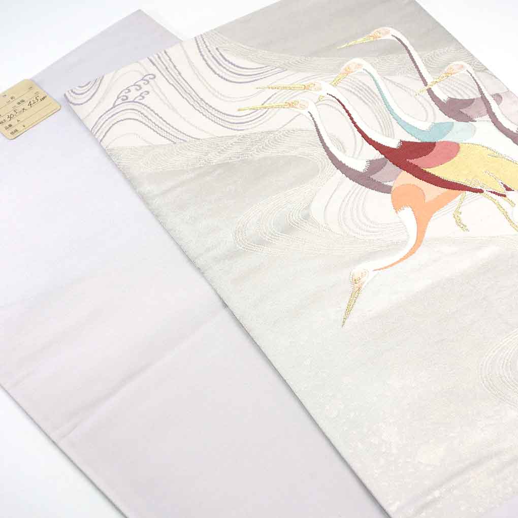 袋帯 リサイクル帯 幅30.5cm 長さ425cm レディース 鶴 秋冬春用 正絹(シルク)シルバー 美品 リメイク リユース【ランクA】