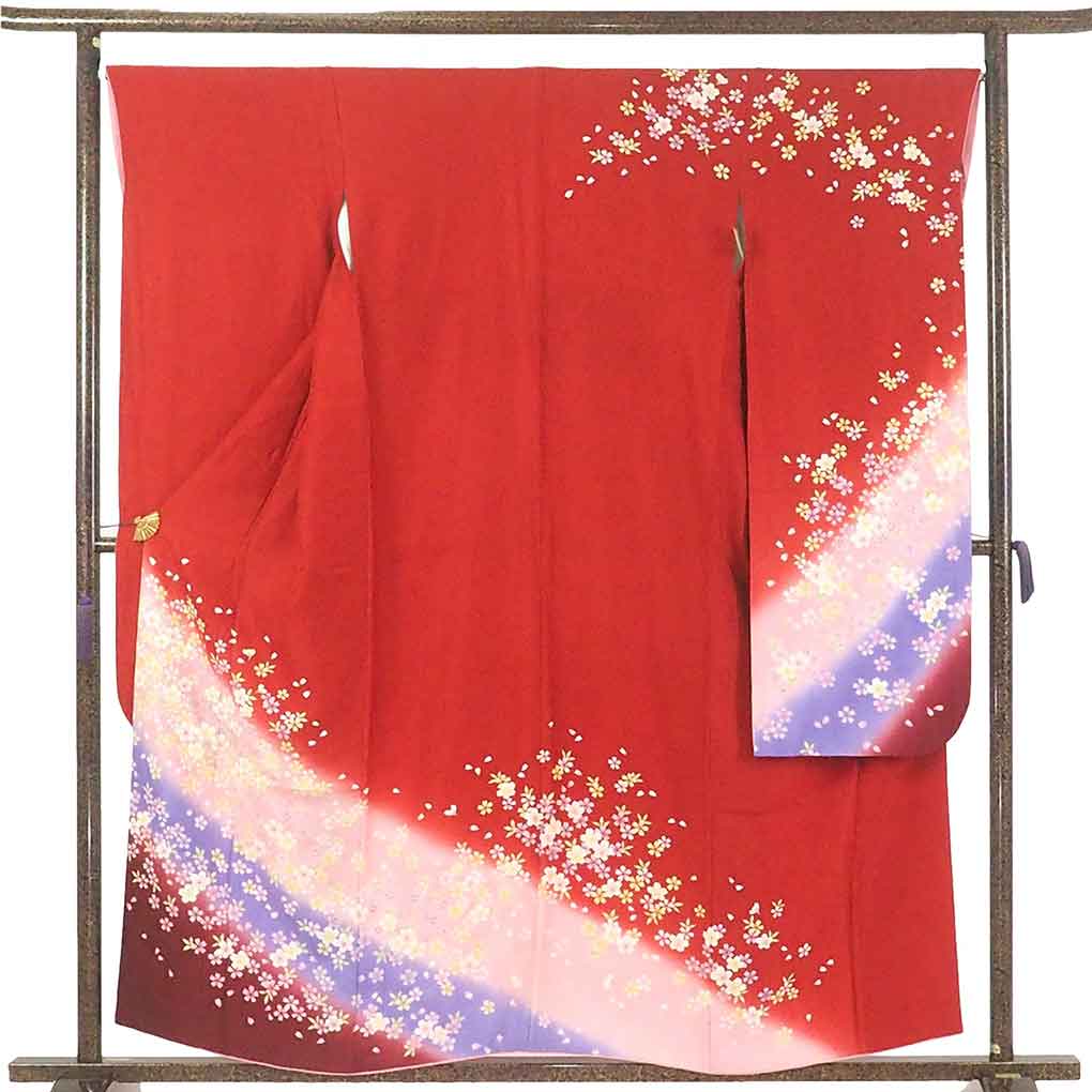 振袖 リサイクル 身丈158cm 裄67cm 前幅24.5cm 後幅29cm 袖丈108cm 袖幅34cm レディース 袷 花柄 裄長 裄Lサイズ 秋冬春用 正絹(シルク)レッド やや難 リメイク リユース【ランクB】