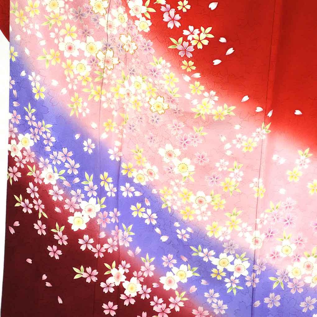振袖 リサイクル 身丈158cm 裄67cm 前幅24.5cm 後幅29cm 袖丈108cm 袖幅34cm レディース 袷 花柄 裄長 裄Lサイズ 秋冬春用 正絹(シルク)レッド やや難 リメイク リユース【ランクB】