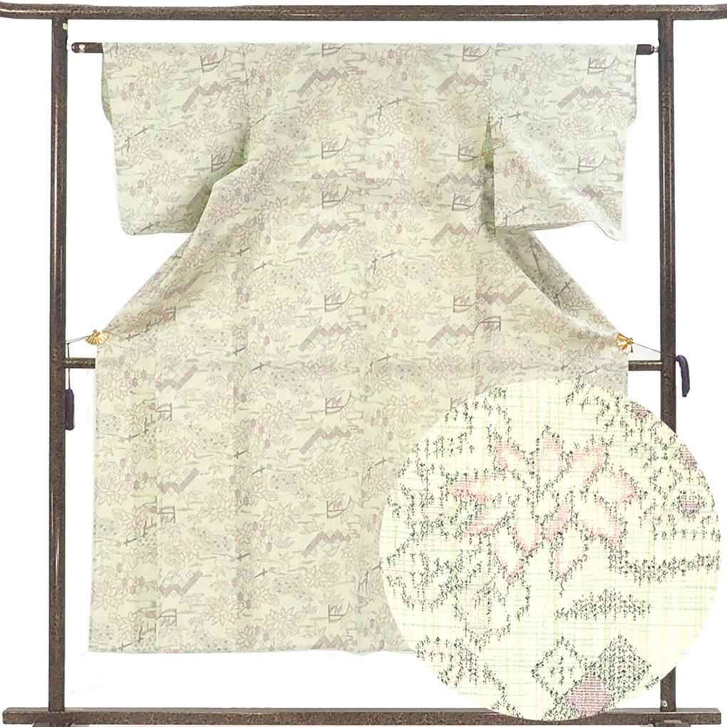 紬 リサイクル着物 身丈149cm 裄61cm 前幅23cm 後幅29cm 袖丈49cm 袖幅31.5cm レディース 単衣 植物 裄Sサイズ 初夏・初秋用 正絹（シルク）グリーン 美品 リメイク リユース【ランクA】